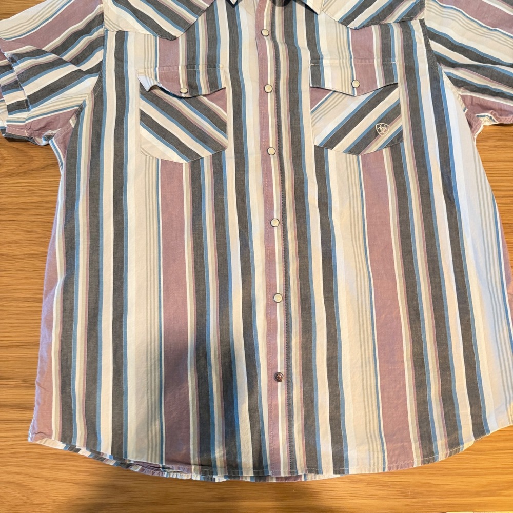 Ariat Men XL Retro Fitted Western Pearl Snap Shirt Short Sleeve Striped Multi - Picture 5 of 11